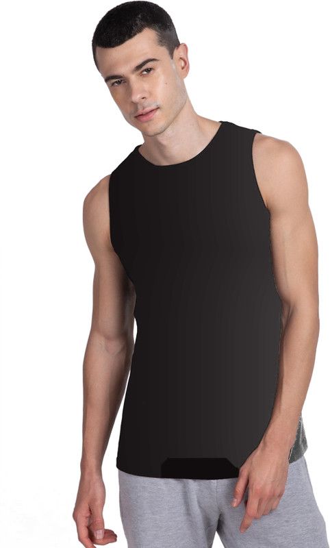 VEST Men Solid Round Neck Cotton Blend Black T-Shirt