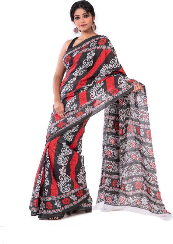 Daily Wear Chiffon Saree  (Black, Red)