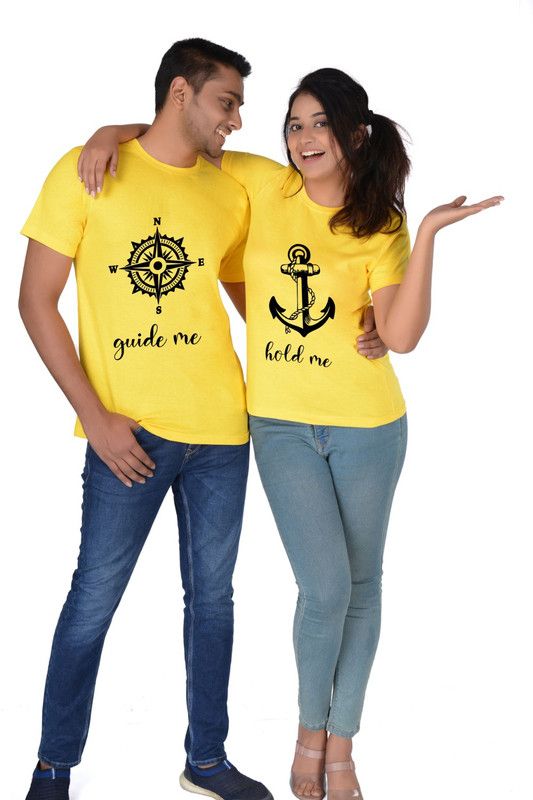 Pack of 2 Couple Graphic Print Round Neck Pure Cotton Yellow T-Shirt