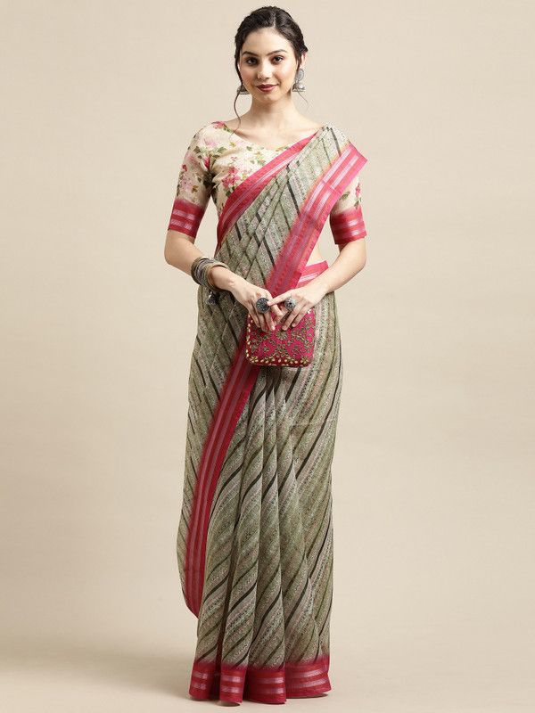Geometric Print Bollywood Linen Saree  (Green)