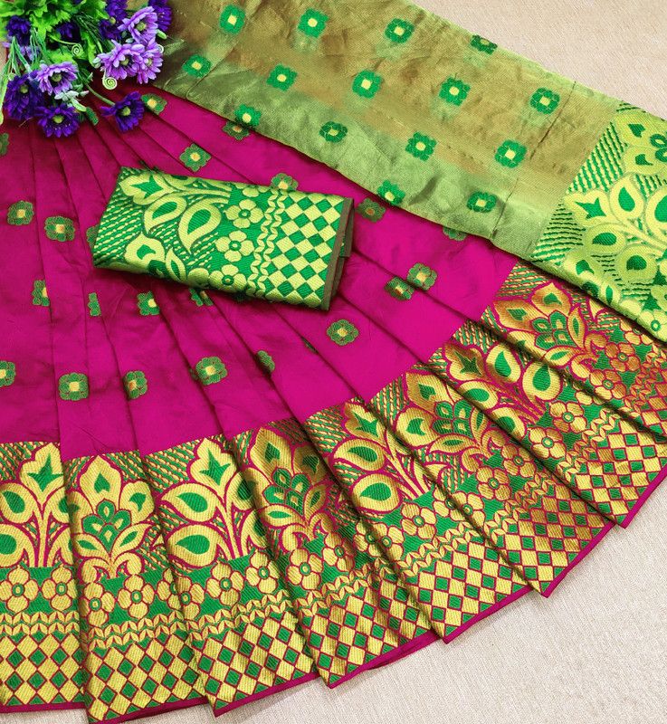 Bhagalpuri Cotton Silk Saree  (Pink, Dark Green)