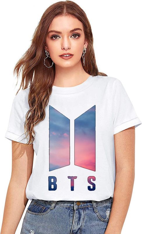 BTS t-shirt Women Printed Round Neck Polyester White T-Shirt