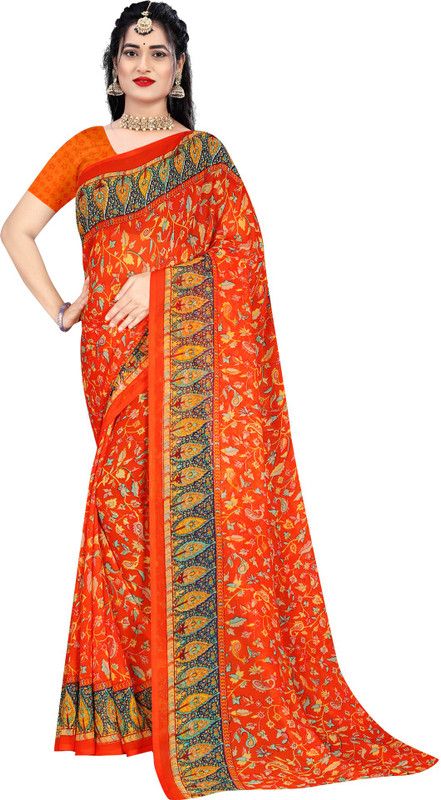 Striped, Graphic Print, Floral Print, Solid/Plain Bollywood Georgette Saree  (Orange)