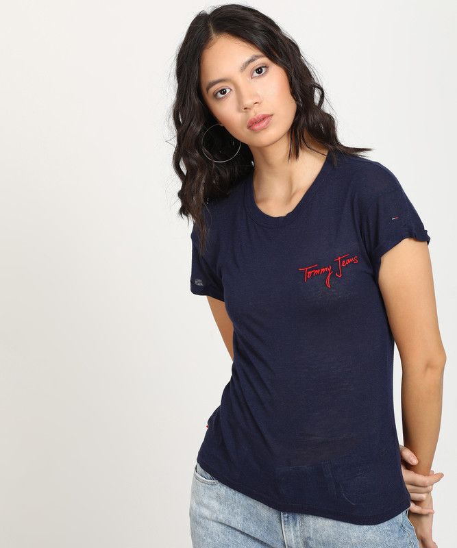 Women Solid Round Neck Viscose Rayon Dark Blue T-Shirt