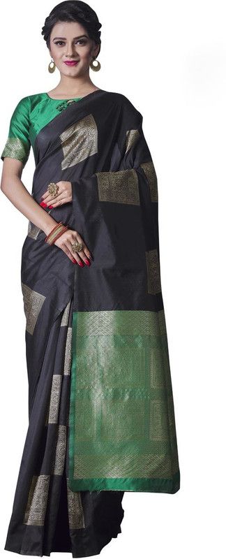 Banarasi Pure Silk Saree  (Black, Green)