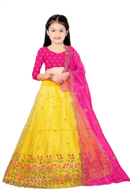 Indi Girls Lehenga Choli Ethnic Wear Embroidered Lehenga, Choli and Dupatta Set  (Yellow, Pack of 1)