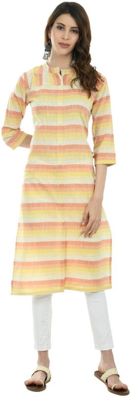 Women Striped Pure Cotton Straight Kurta  (Orange, Yellow)