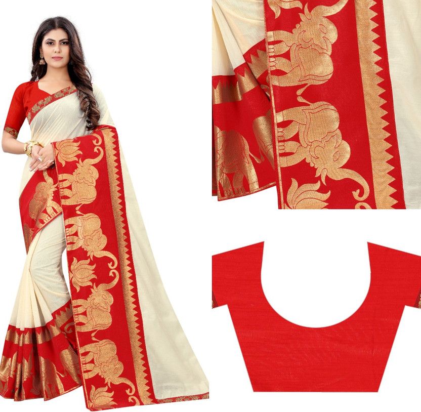 Solid/Plain Chanderi Cotton Blend Saree  (Cream)