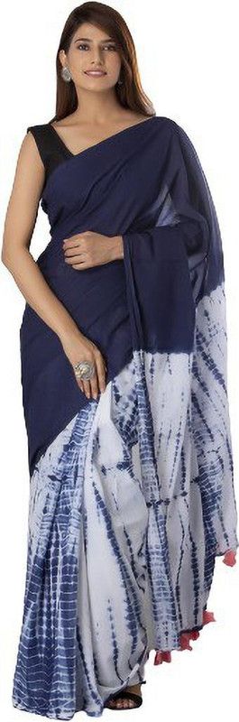 Printed, Self Design, Digital Print, Hand Painted, Blocked Printed Sambalpuri Pure Cotton Saree  (White, Blue)