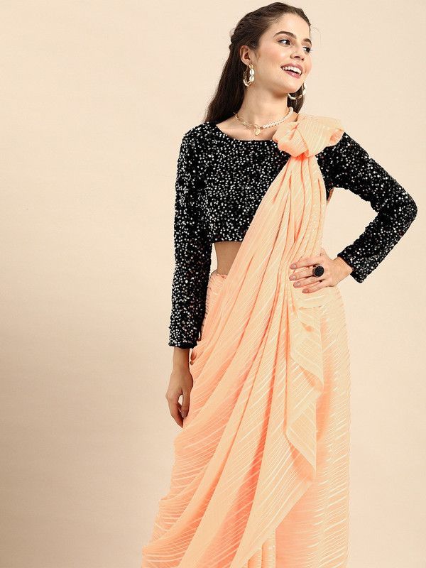Striped Bollywood Velvet Saree  (Pink)