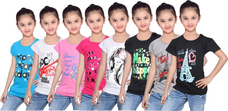 Girls Printed Cotton Blend T Shirt  (Black, Pack of 8)
