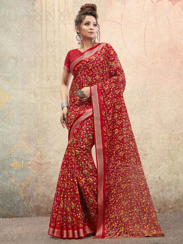 Floral Print Daily Wear Cotton Silk Saree  (Maroon)