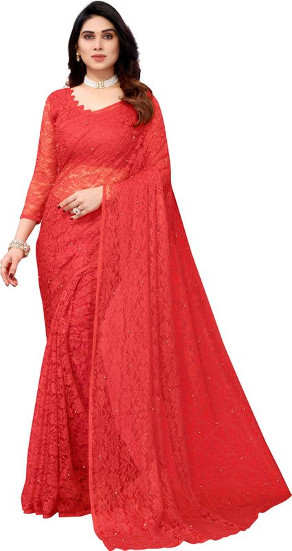 Embellished Bollywood Net, Brasso Saree  (Red)
