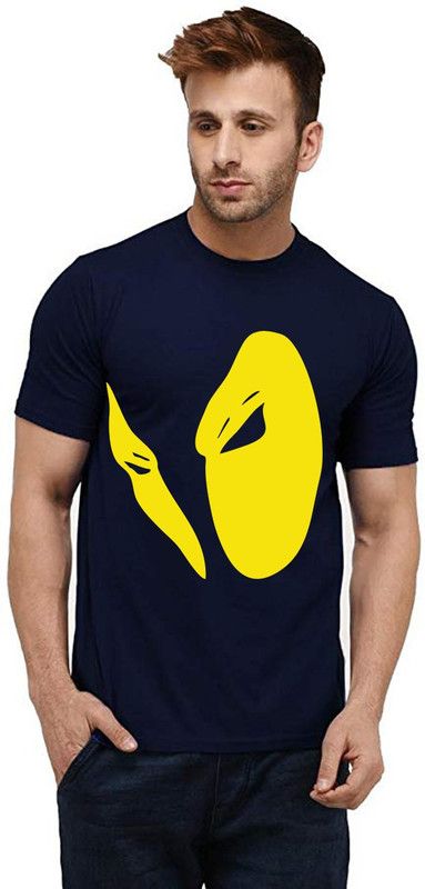 Butterfly Mask Men Printed Round Neck Pure Cotton Dark Blue T-Shirt