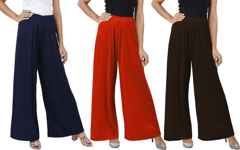 Pack of 3 Women Flared Blue, Orange, Brown Cotton Blend Trousers