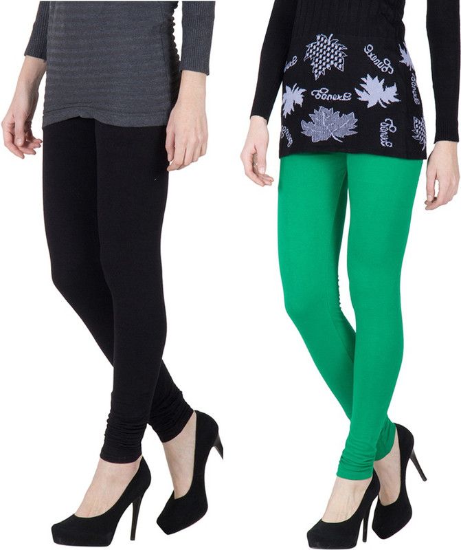 MONATI Churidar Ethnic Wear Legging  (Black, Light Green, Solid)
