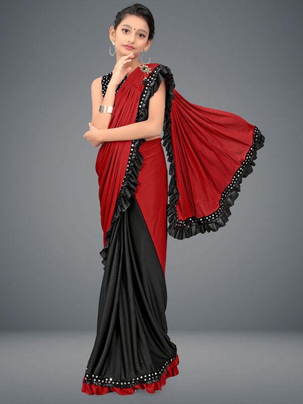 Solid/Plain Bollywood Silk Blend Saree  (Red, Black)