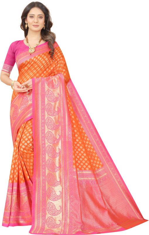 Woven Kanjivaram Jacquard, Pure Silk Saree  (Orange)