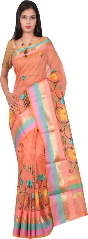 Embroidered Banarasi Handloom Cotton Blend Saree  (Orange)