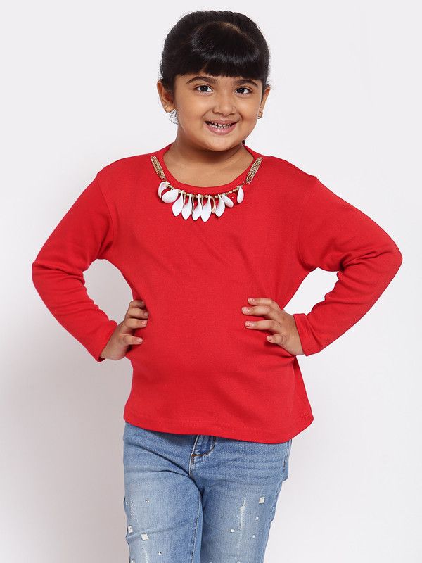 Girls Solid Pure Cotton T Shirt  (Red, Pack of 1)