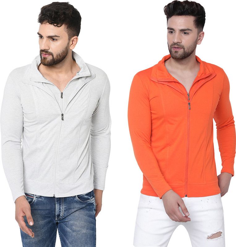 Pack of 2 Men Solid Polo Neck Cotton Blend White, Orange T-Shirt