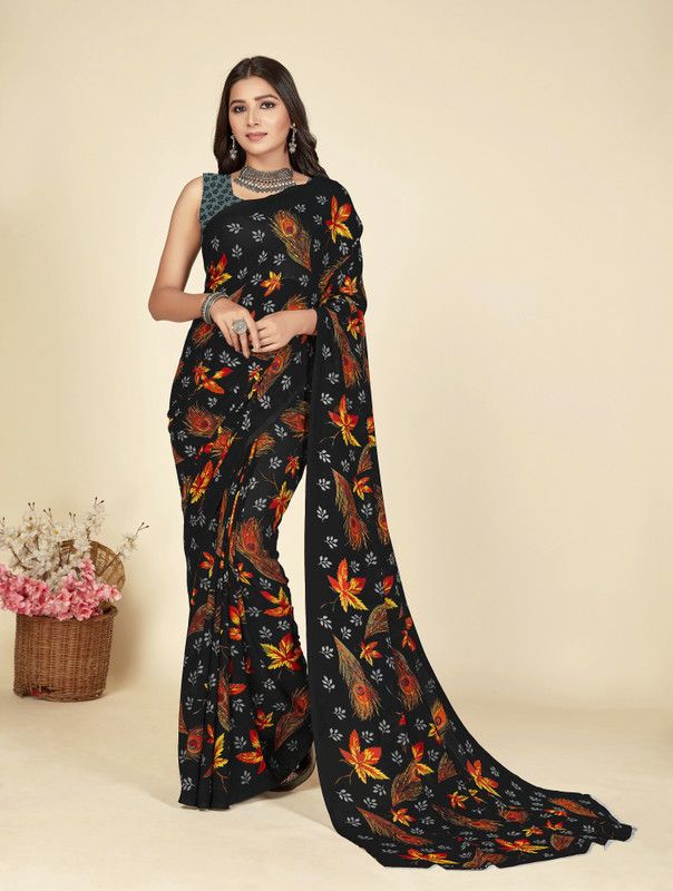 Floral Print Daily Wear Georgette Saree  (Black)