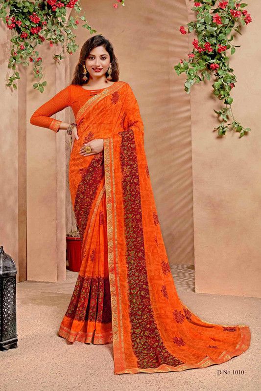Printed Assam Silk Georgette Saree  (Orange)