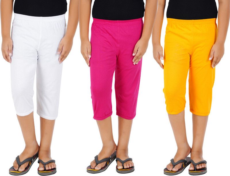 Capri For Girls Casual Solid Pure Cotton  (Multicolor Pack of 3)