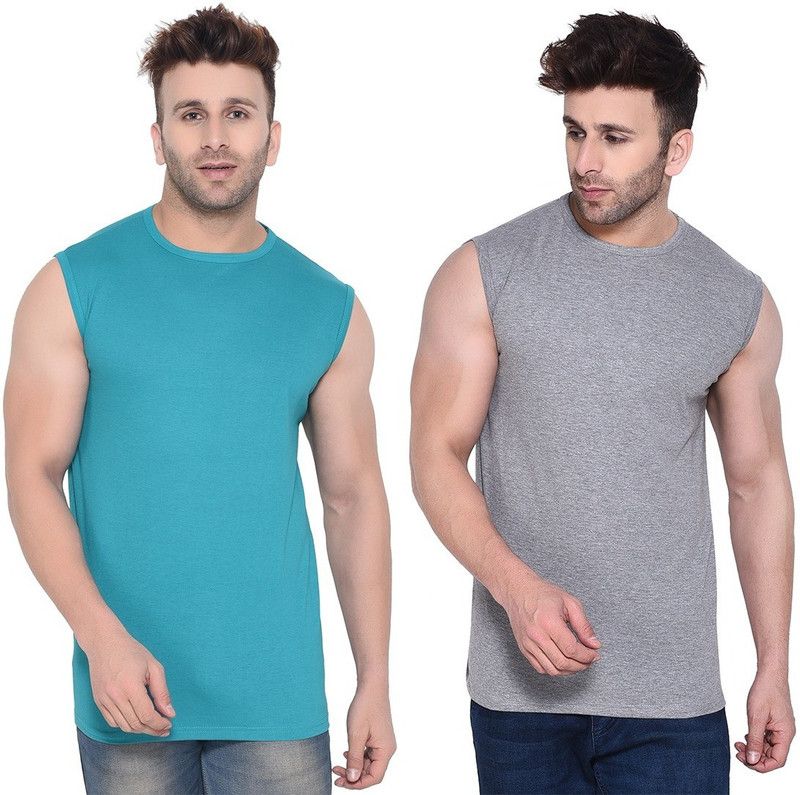Pack of 2 Men Solid Round Neck Cotton Blend Silver, Light Green T-Shirt