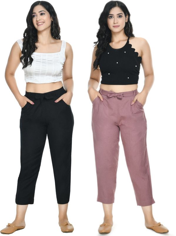Pack of 2 Women Regular Fit Black, Pink Viscose Rayon Trousers