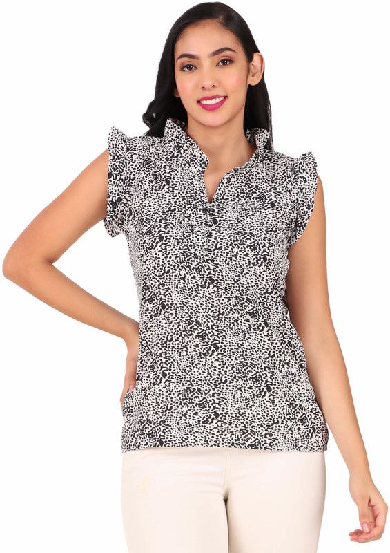 Casual Sleeveless Animal Print Women White, Grey Top