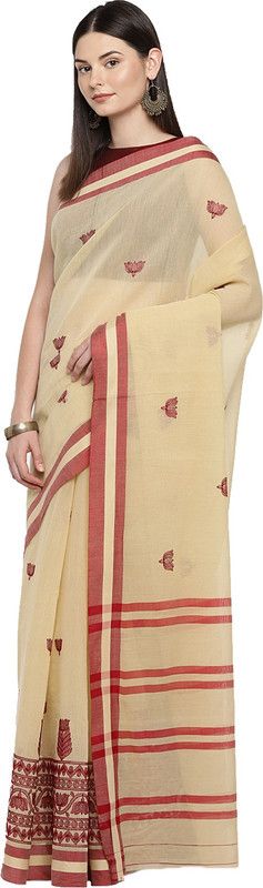 Embroidered Assam Silk Cotton Blend Saree  (Beige)