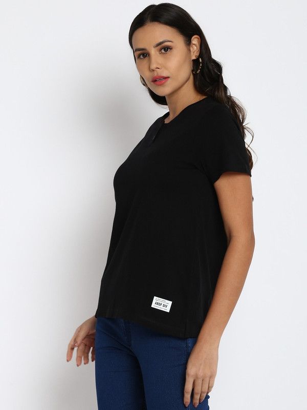 Women Solid Henley Neck Pure Cotton Black T-Shirt