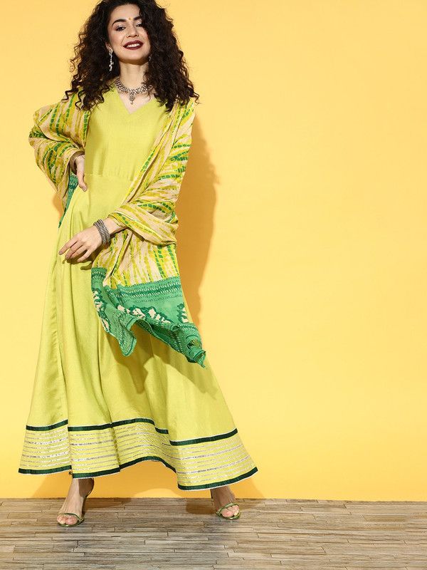 Women Bandhani Viscose Rayon A-line Kurta  (Green, Yellow)