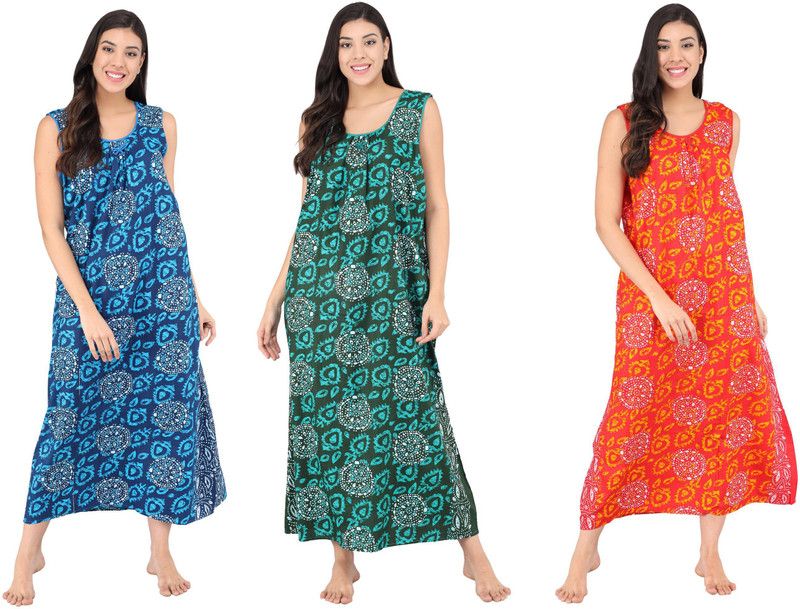 Pack of 3 Women Nighty  (Light Blue, Green, Orange)