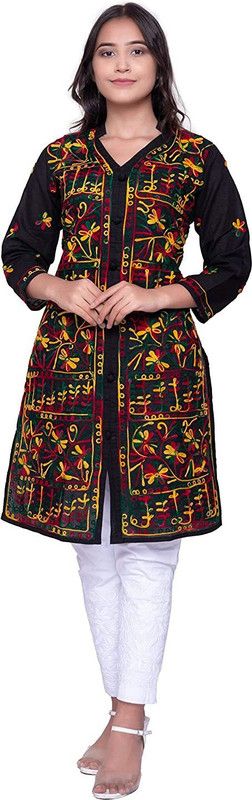 Women Chikan Embroidery Cotton Blend Straight Kurta  (Black)