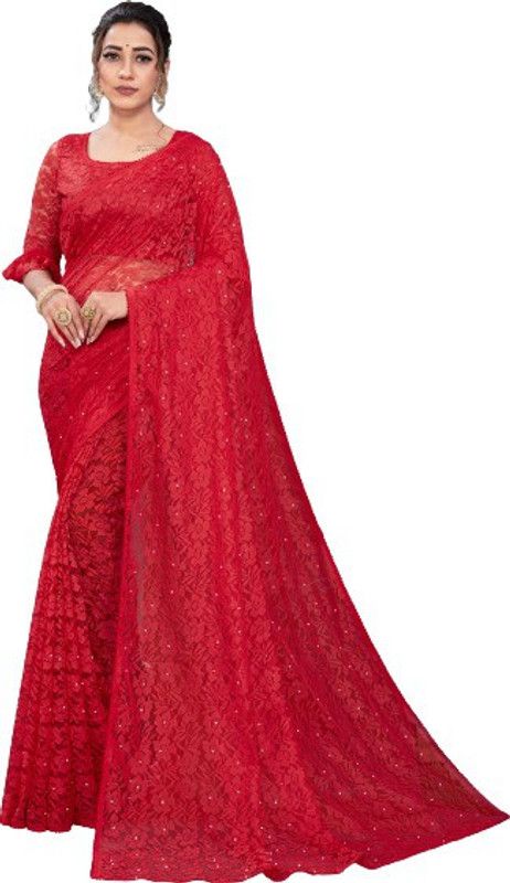 Woven Fashion Net Saree  (Red)