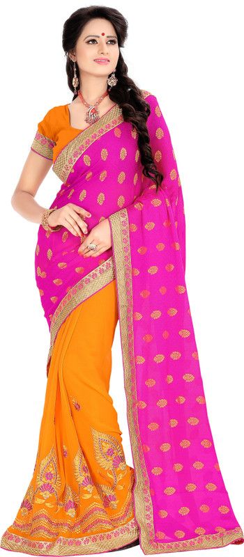Embroidered Bollywood Handloom Georgette, Cotton Blend Saree  (Pink, Orange)
