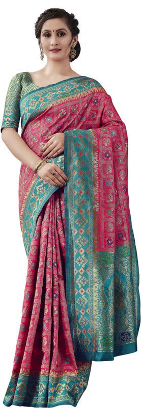 Self Design Patola Pure Silk Saree  (Pink)