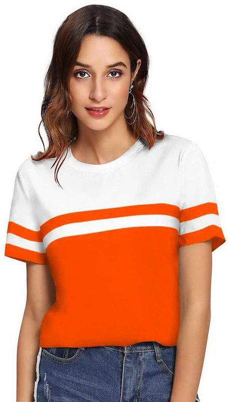 Women Colorblock Round Neck Cotton Blend Orange T-Shirt