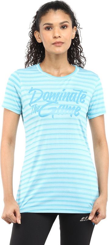 NITRO-2 Women Striped, Typography Round Neck Polyester Blue T-Shirt