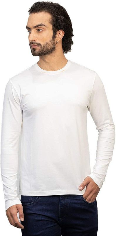 Men's Cotton Full Sleeve T-Shirt Men Solid Round Neck Cotton Blend White T-Shirt
