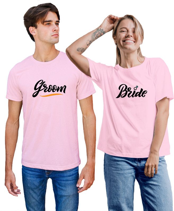 Pack of 2 Couple Graphic Print Crew Neck Cotton Blend Pink T-Shirt
