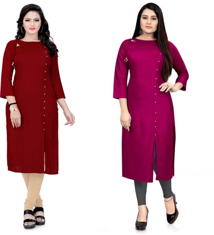 Pack of 2 Women Solid Viscose Rayon A-line Kurta  (Maroon, Pink)