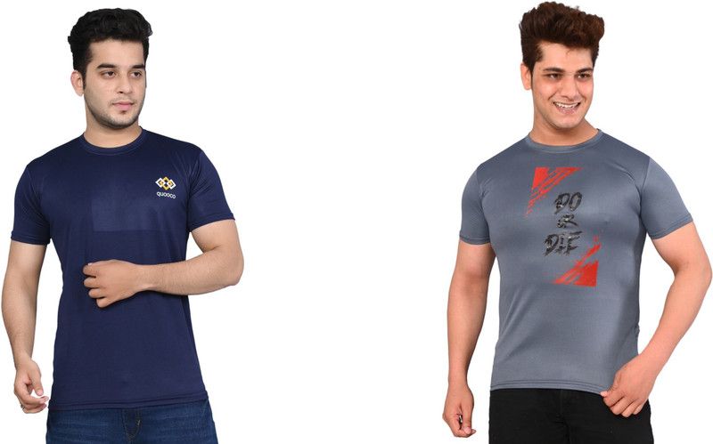 Pack of 2 Men Printed Round Neck Elastane Blue, Grey T-Shirt