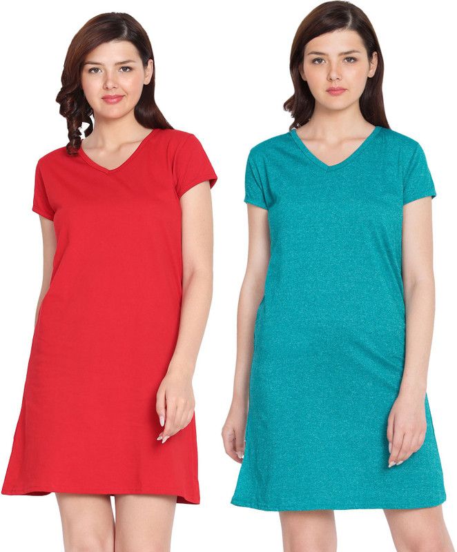Pack of 2 Women Nightshirts  (Light Blue, Red)