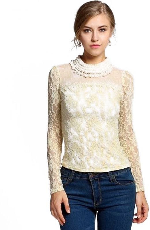 Party Regular Sleeves Embroidered Women Beige Top