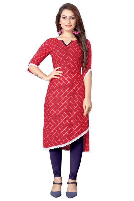 Women Geometric Print Viscose Rayon Straight Kurta  (Red)