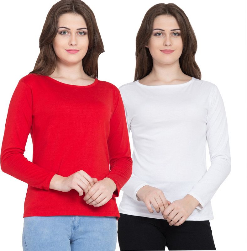 Pack of 2 Women Solid Boat Neck Cotton Blend Red, White T-Shirt