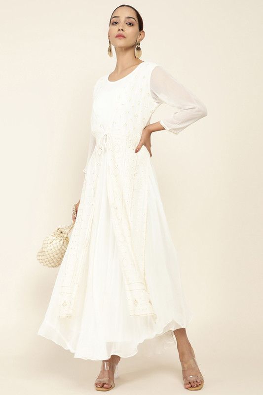 Women Embroidered Georgette Flared Kurta  (White)